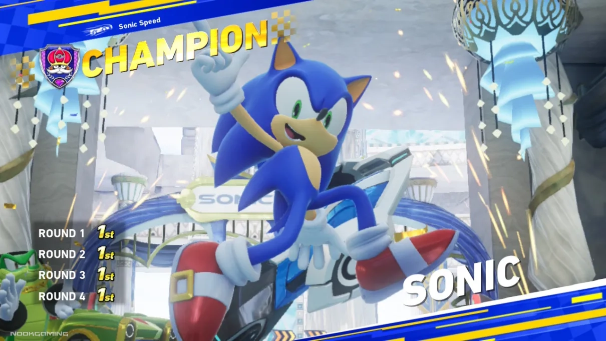 Showing Sonic as the champion in Sonic Racing: Crossworlds