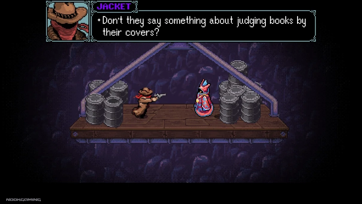 A pre-boss line about not judging a book by its cover