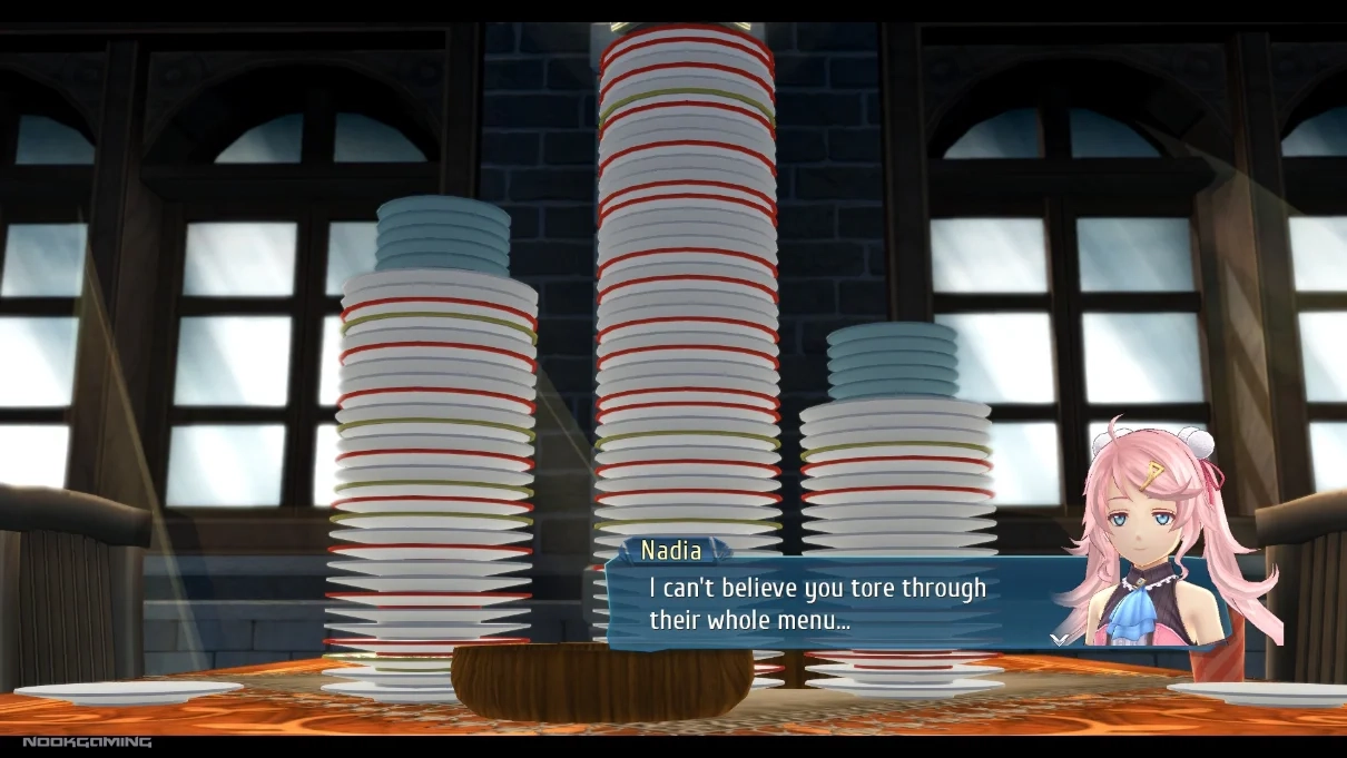 Nadia in front of a mountain of empty plates in The Legend of Heroes: Trails into Reverie