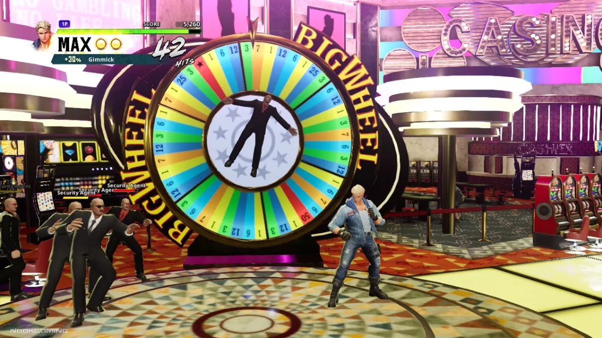 Casino level with a guy stuck to a spinning roulette wheel