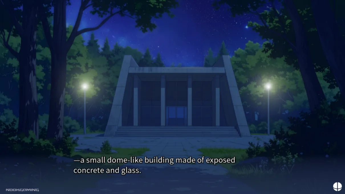Nighttime screenshot of a building in Harmonic Reflections