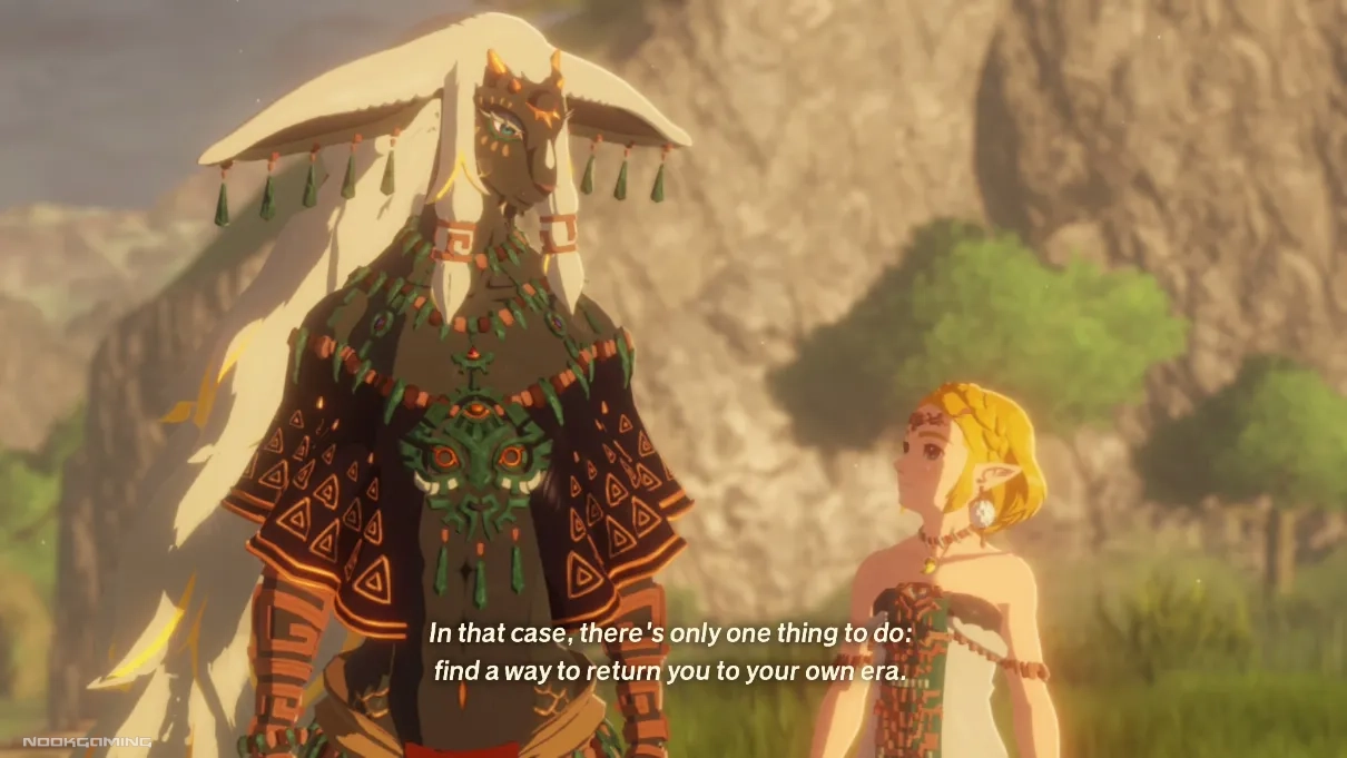 Princess Zelda and King Rauru meeting in Hyrule Warriors: Age of Imprisonment