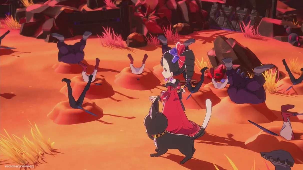 Étrange and her cat on a battlefield in Etrange Overlord