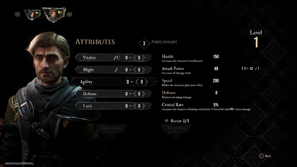 Stat allocation screen for Gustave in Clair Obscur: Expedition 33