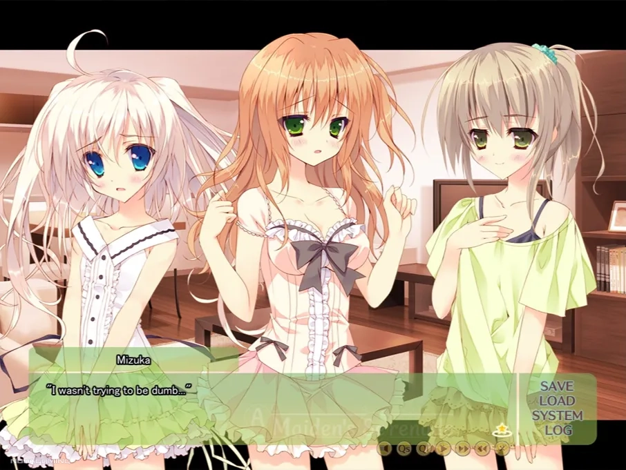 Mizuka sighing about appearing dumb to Shione and Miyabi