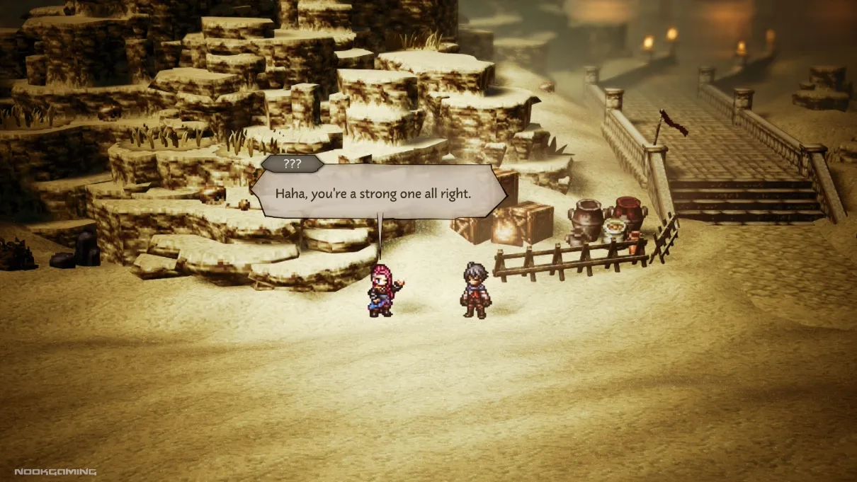 Cutscene in an Octopath Traveler 0 desert