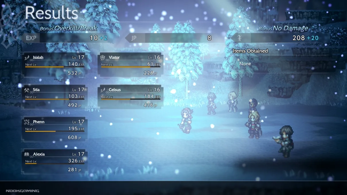 Battle victory screen in Octopath Traveler 0