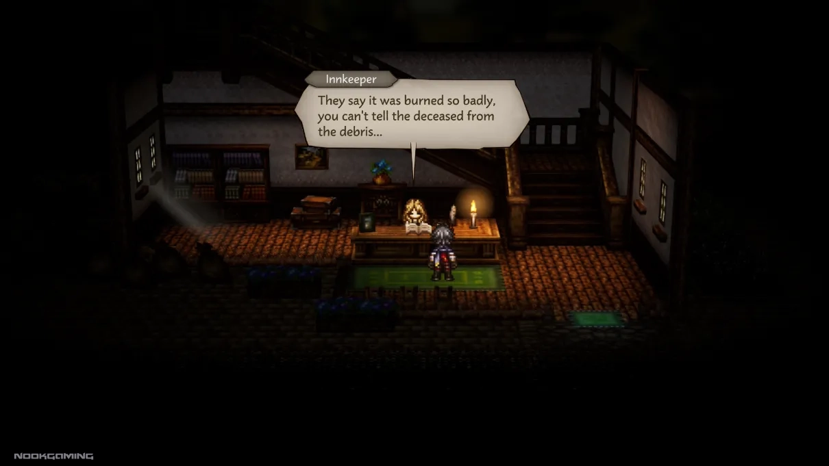 Talking to an innkeeper in a badly burned down area