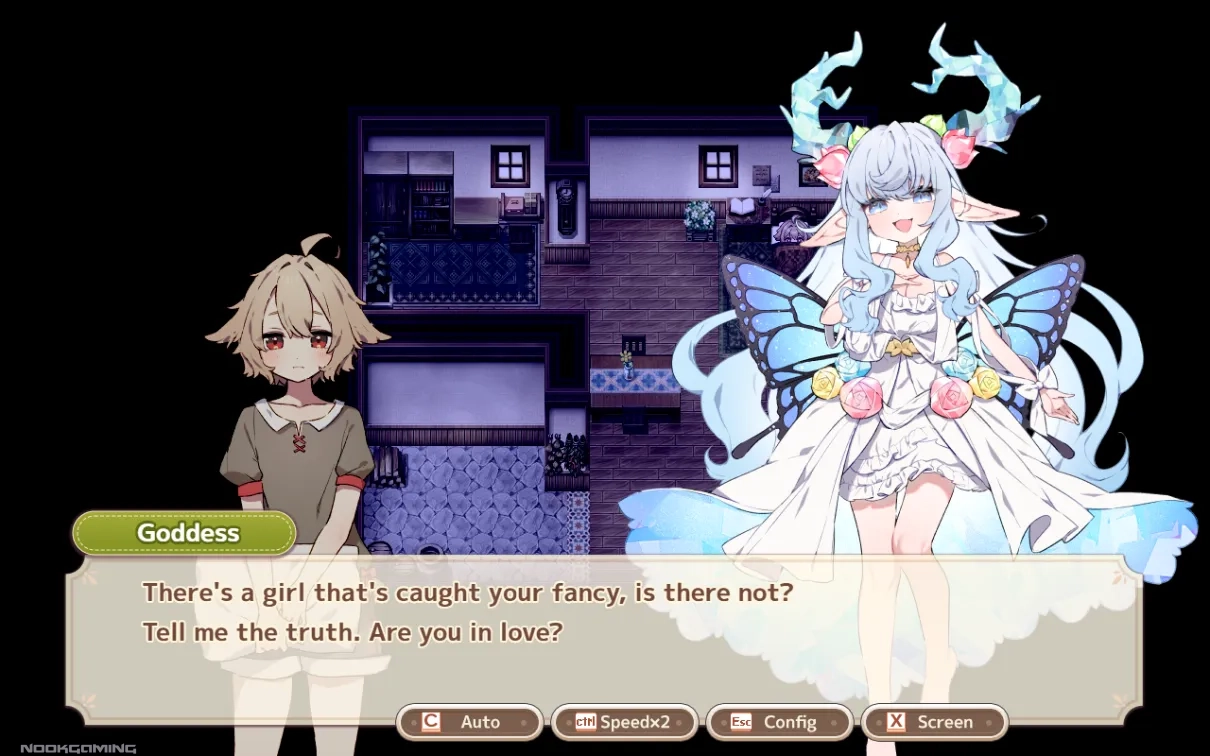 The goddess asking the protagonist if he's in love