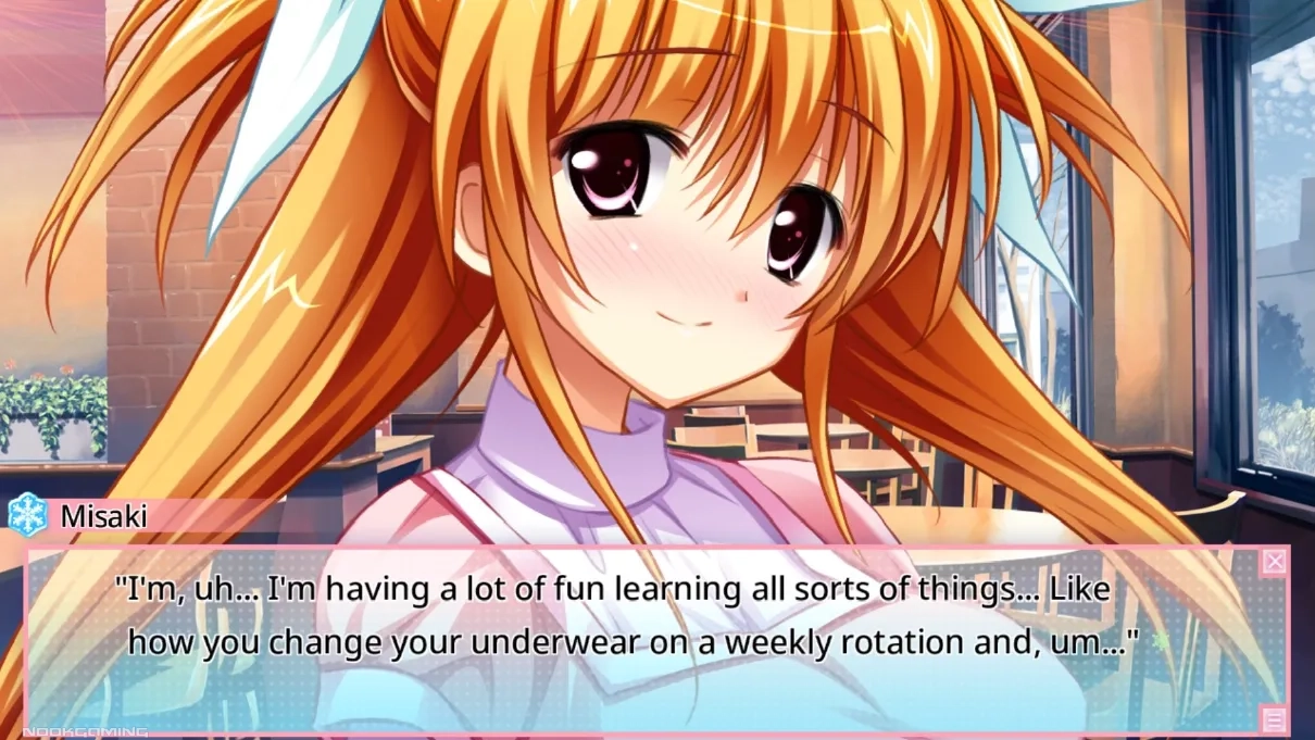 MIsaki blushing awkwardly talking to Kyouichi in Ren'ai 0 Kilometer